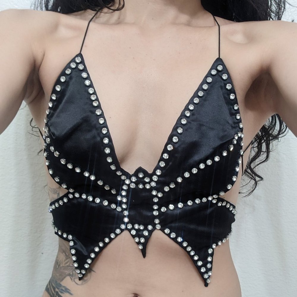 Black Crystal Butterfly Top Backless Halter Rhinestone Embellished